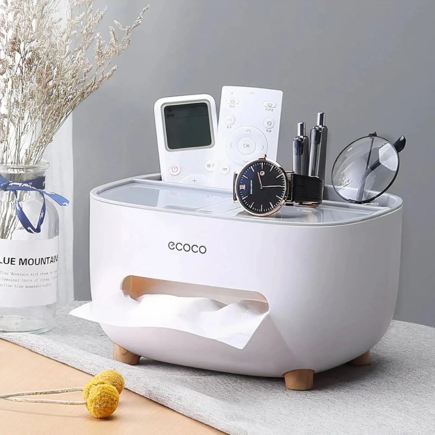 Ecoco Tissue Box With Multi-functional Storage Drawer Is a creative desk organizer. Designed For Kitchen Living Room And Office Use.