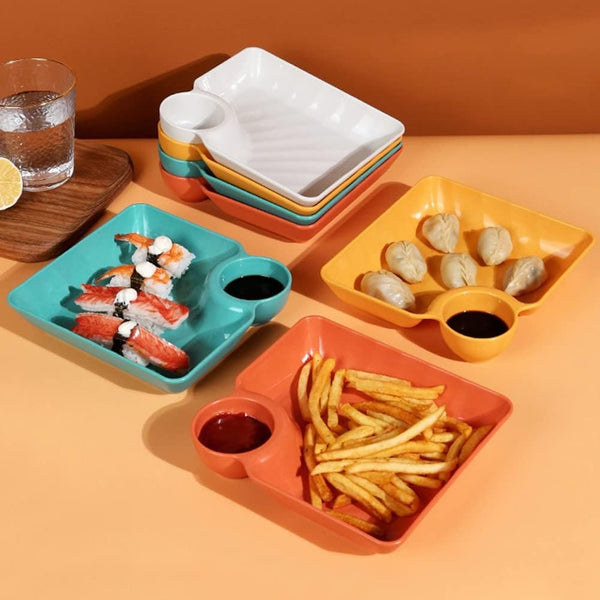 Multi-Section Tray for Snacks, Dips & Dry Fruits (Random Colors) - Best Snack Tray for Kids - 4-Piece Snack Serving Plate Set