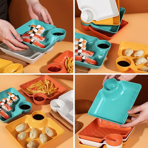 Multi-Section Tray for Snacks, Dips & Dry Fruits (Random Colors) - Best Snack Tray for Kids - 4-Piece Snack Serving Plate Set