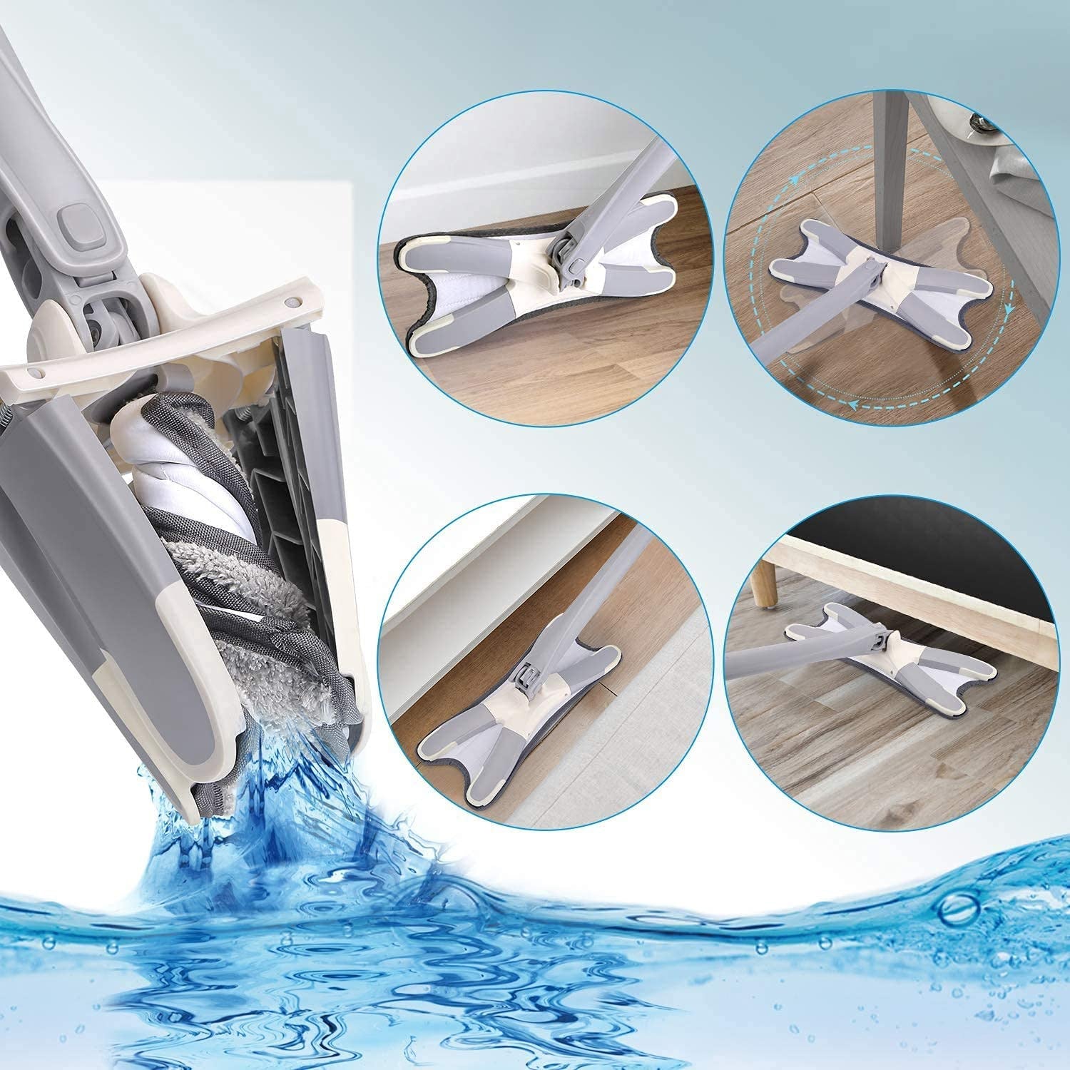 Rotating Floor Mop Rotating X Mop Flat Microfiber Floor Mop with 360° Squeeze System and Replaceable Cloth Heads