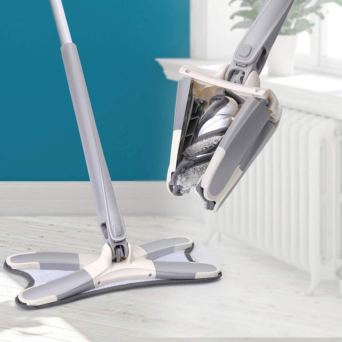 Rotating Floor Mop Rotating X Mop Flat Microfiber Floor Mop with 360° Squeeze System and Replaceable Cloth Heads